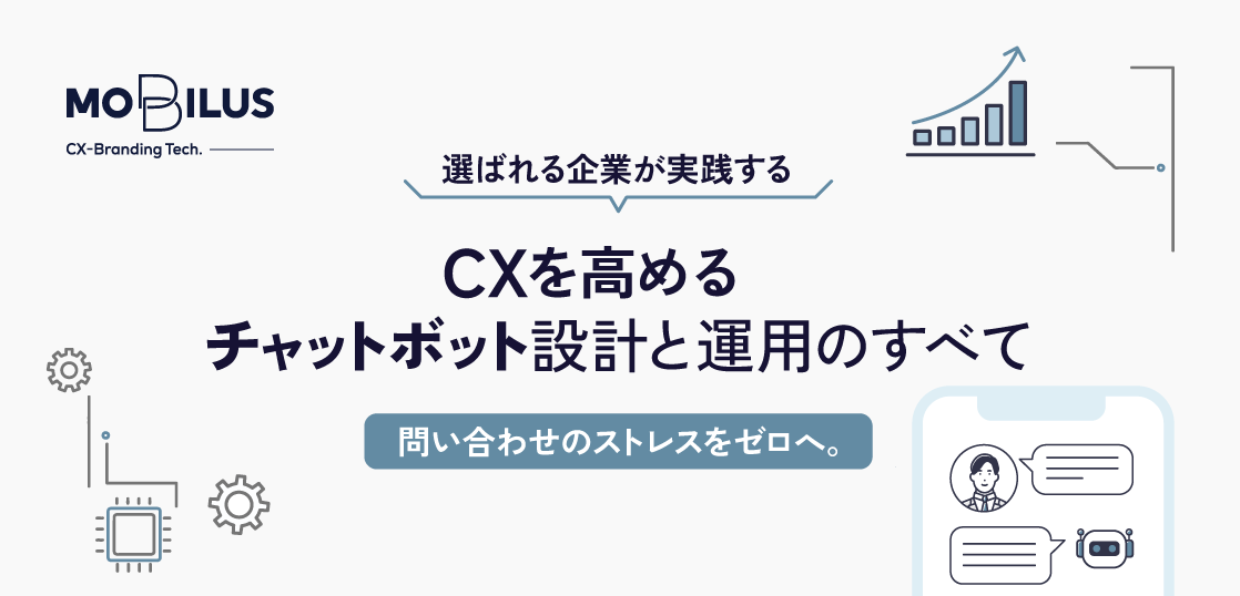 MO BILIS branding banner in Japanese, promoting CX enhancement through chatbot design and operation, with a chat UI illustration on the right.