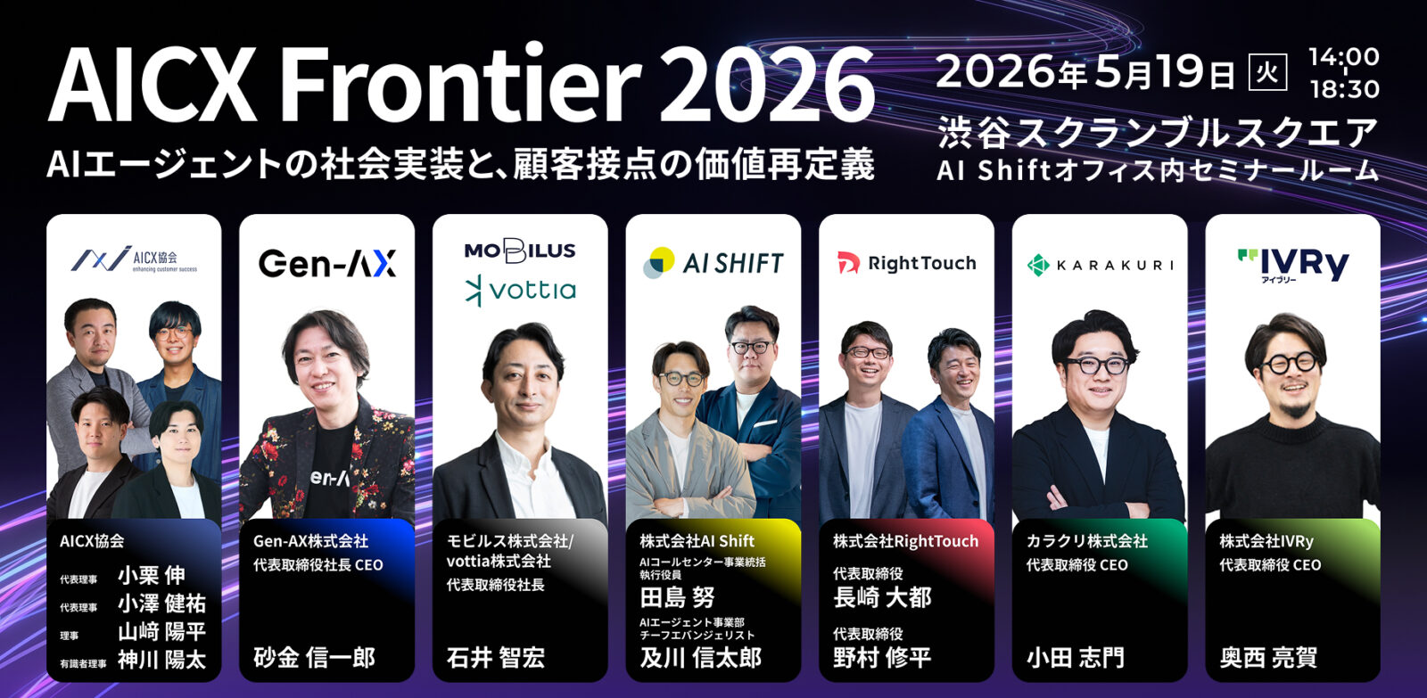 Promotional banner for AICX Frontier 2026 with seven speaker panels, headshots, and company logos; event date May 19, 2026, 14:00–18:30 at Shibuya Scramble Square AI Shift Office Seminar Room.