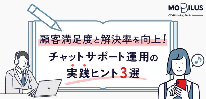 Open book banner with Japanese text about boosting customer satisfaction and resolution rate; left a headset-wearing agent at a laptop, right a person using a red smartphone, pencil above.
