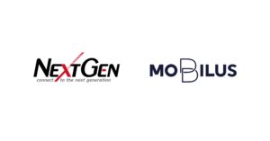 Banner showing two logos: NextGen on the left with red diagonal X and tagline 'connect to the next generation', and Mobiilus on the right in navy typography.