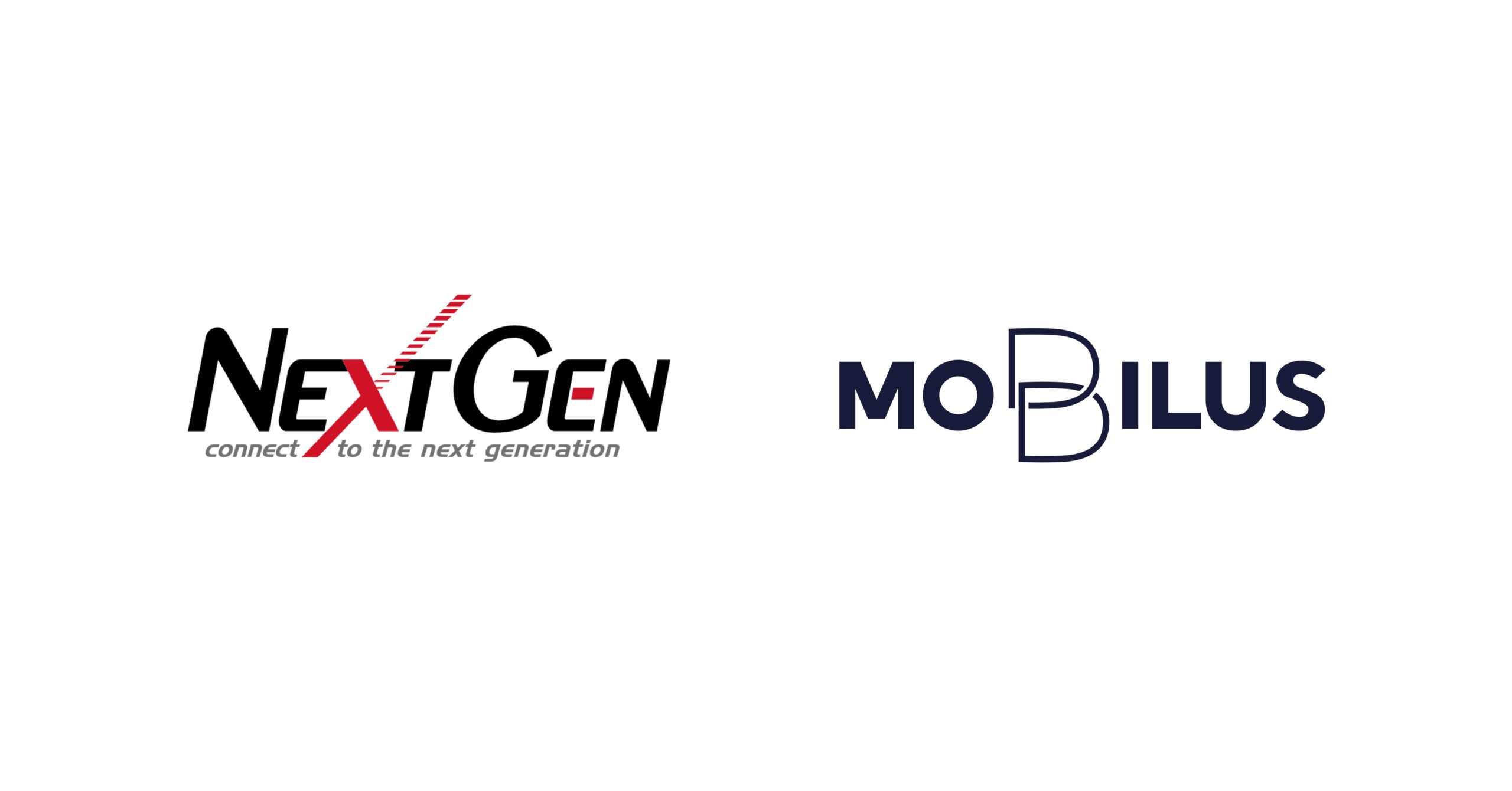 Banner showing two logos: NextGen on the left with red diagonal X and tagline 'connect to the next generation', and Mobiilus on the right in navy typography.