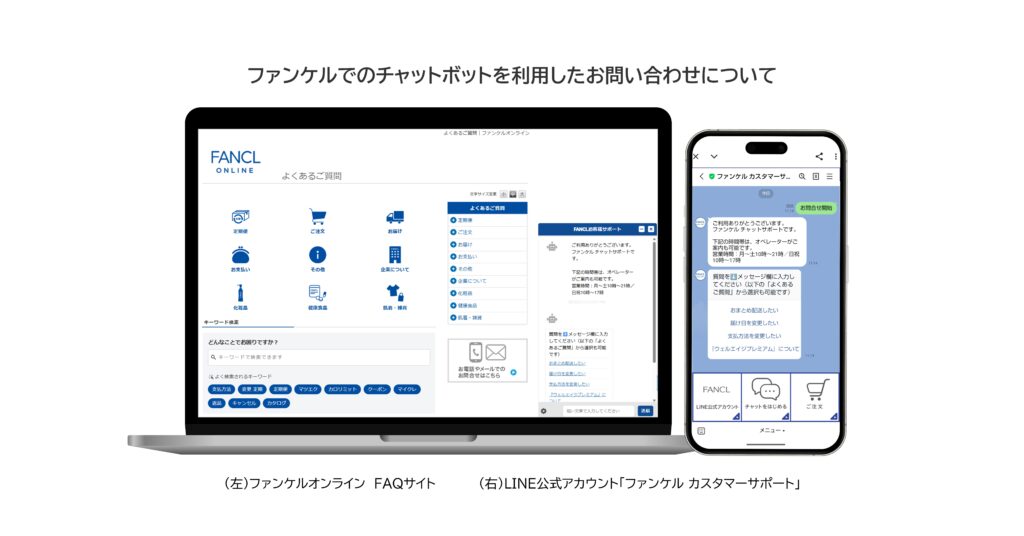 ファンケルオンラインのチャットボットを使った問い合わせ画面を示すノートPCとスマホのデモ表示